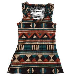 Tribal Aztec Geometric Shredded Back Tank Top‎ Tunic Boho Festival